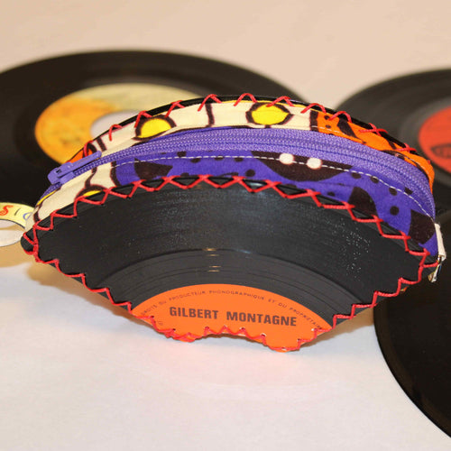 Porte-monnaie artisanal en disque vinyle et tissu coloré