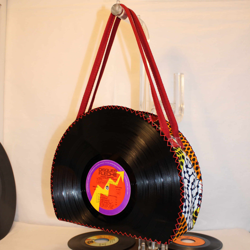 Sac à main artisanal en disque vinyle et tissu coloré